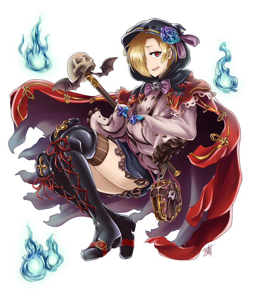 blonde_hair commentary_request female granblue_fantasy hair_over_one_eye highres hood hoodie idolmaster idolmaster_cinderella_girls open_mouth red_eyes shao_(newton) shirasaka_koume short_hair simple_background skull sleeves_past_wrists solo staff thighhighs