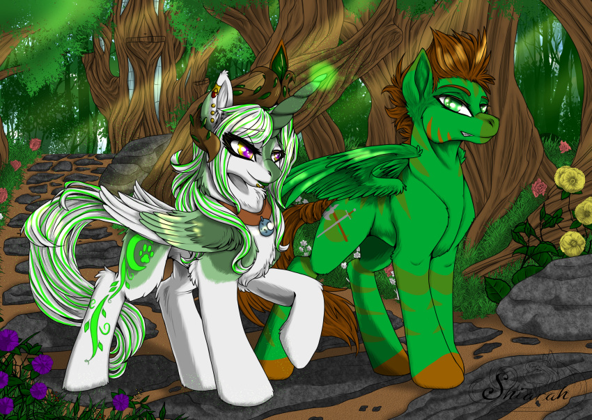 absurd_res castle collar crown cutie_mark detailed_background duo equid equine female feral flower forest hasbro headgear hi_res horn horse male mammal my_little_pony plant pony raiden rock shiarah trail tree walking wings zebra