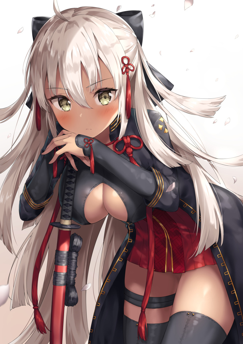 absurdres ahoge ale_nqki black_bow black_legwear blush bow breasts cleavage commentary_request dark_skin dress fate/grand_order fate_(series) female hair_between_eyes hair_ornament hairbow highres holding holding_sword holding_weapon japanese_clothes katana kimono large_breasts long_hair long_sleeves looking_at_viewer okita_souji_(fate) okita_souji_alter_(fate) petals short_dress short_kimono standing sword tassel thigh_strap thighhighs tied_hair weapon white_background white_hair yellow_eyes