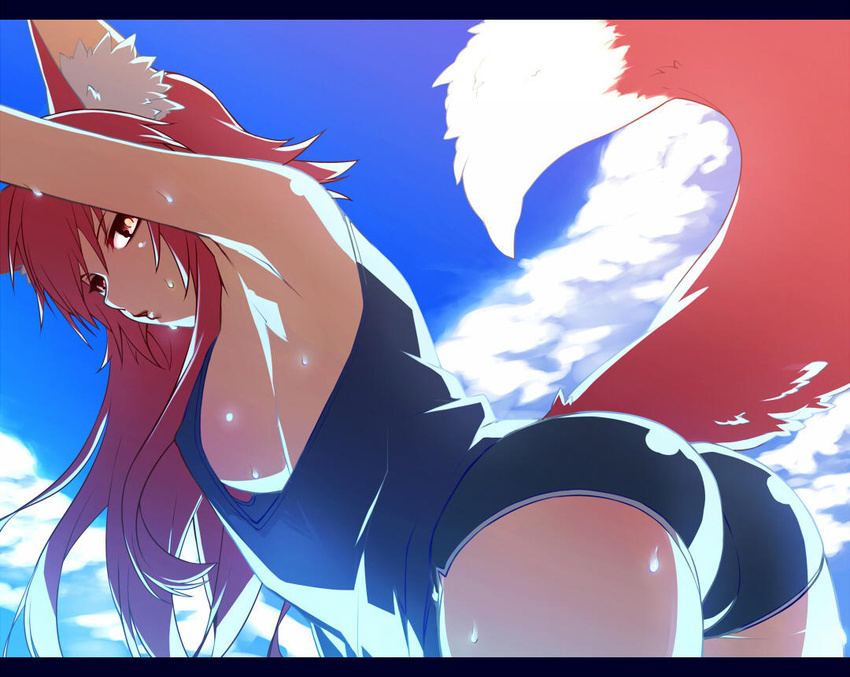 animal_ears armpits ass bare_shoulders blue_background blue_sky breasts cloud cloudy_sky commentary_request day dolphin_shorts female fox_ears fox_tail from_side hand_up konshin large_breasts letterboxed long_hair looking_at_viewer looking_to_the_side micro_shorts opera_the_vermelho original parted_lips purple_shirt red_eyes red_hair shirt shorts sideboob sky sleeveless sleeveless_shirt solo sweat tail