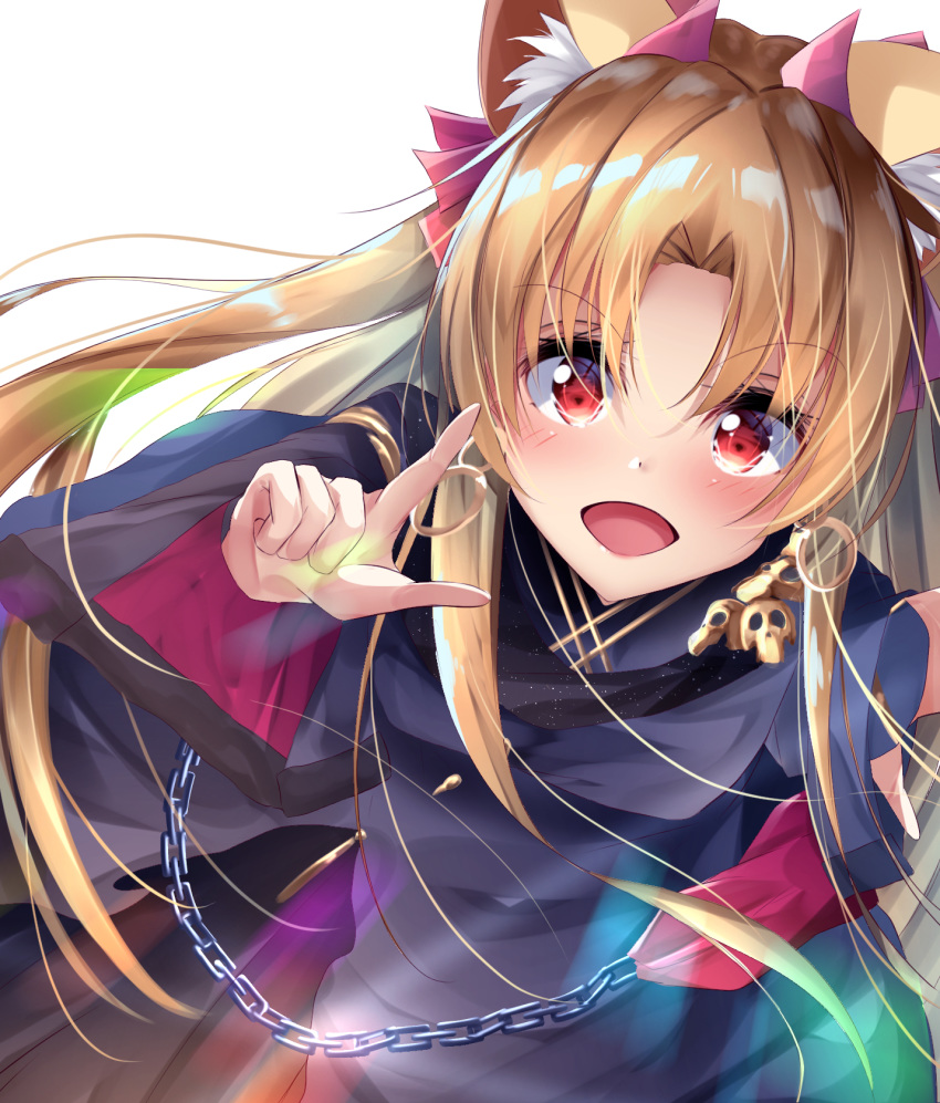 :d animal_ears black_dress blonde_hair chains commentary_request dress earrings ereshkigal_(fate) ereshkigal_(third_ascension)_(fate) fate/grand_order fate_(series) female gold_trim hand_up highres hoop_earrings index_finger_raised jewelry kemonomimi_mode layered_sleeves long_hair long_sleeves looking_at_viewer necklace open_mouth parted_bangs partial_commentary red_eyes red_ribbon ribbon sidelocks skull_ornament smile solo suisen-21 two-sided_fabric two-sided_sleeves upper_body wide_sleeves