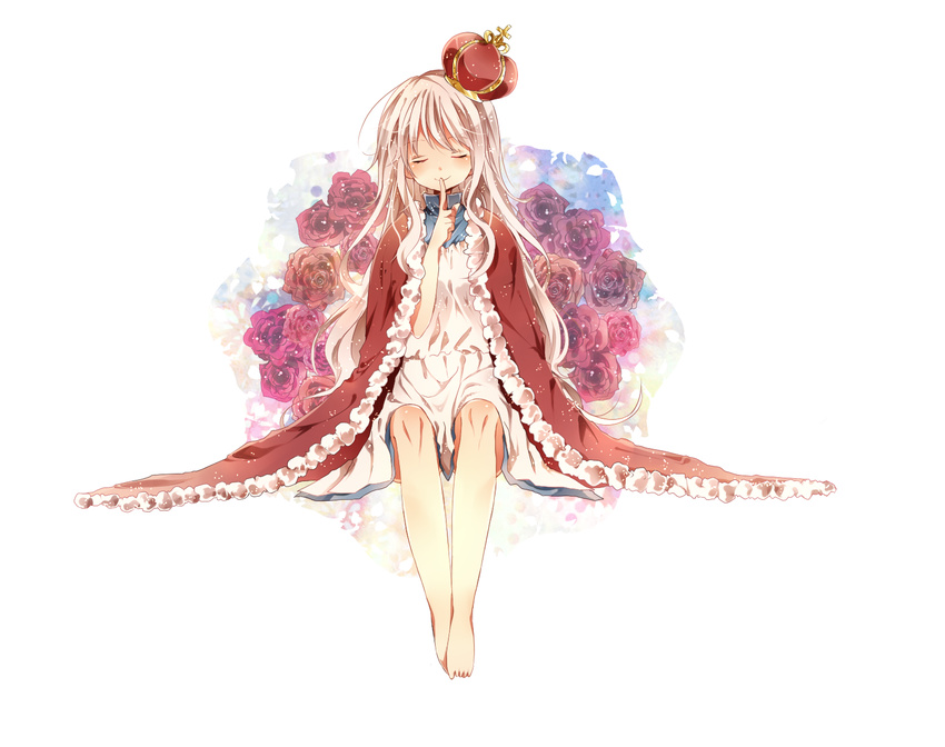 bad_id bad_pixiv_id barefoot body_blush cape closed_eyes crown dress female finger_to_mouth flower highres kagerou_project kozakura_marry long_hair naoton rose smile solo