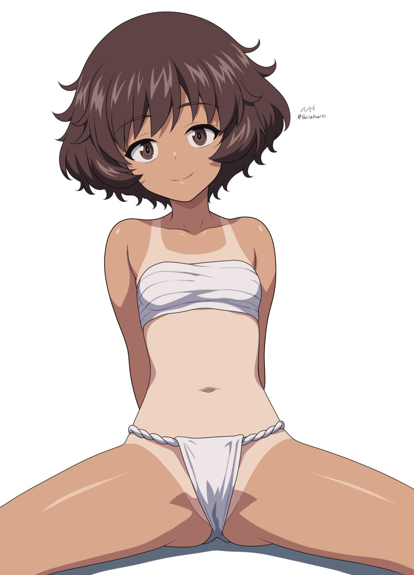 absurdres akiyama_yukari arms_behind_back brown_eyes brown_hair closed_mouth female fluffy_hair girls_und_panzer highres looking_at_viewer messy_hair nalathorm panties short_hair simple_background sitting solo spread_legs tan tanlines twitter_username underwear white_background