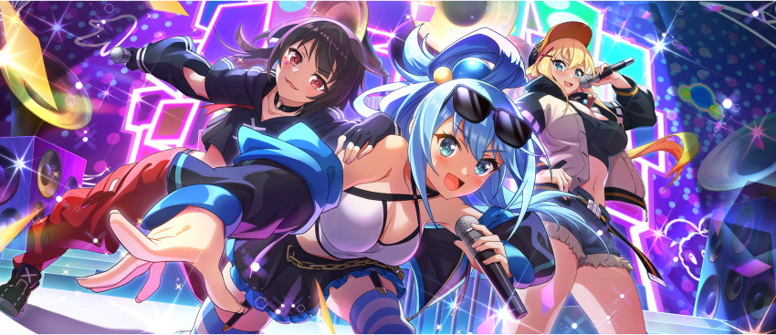 3girls aqua_(konosuba) black_choker black_skirt blonde_hair blue_eyes blue_hair blush breasts brown_hair choker cleavage criss-cross_halter darkness_(konosuba) fingerless_gloves frilled_skirt frills game_cg garter_belt gloves hair_ornament halterneck highres holding holding_microphone kono_subarashii_sekai_ni_shukufuku_wo! konosuba_fantastic_days large_breasts long_hair looking_at_viewer megumin microphone multiple_girls navel official_art open_mouth parted_lips red_eyes shirt short_hair short_hair_with_long_locks short_shorts shorts single_hair_ring skirt sleeveless sleeveless_shirt smile stomach sunglasses thighhighs tight_clothes tight_shirt x_hair_ornament