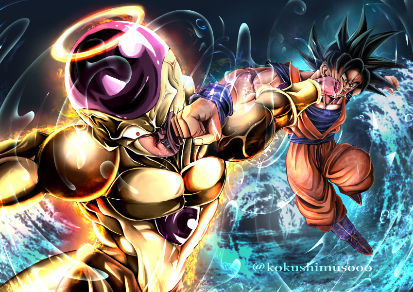 2boys absurdres artist_name aura baggy_pants black_eyes black_hair blue_footwear blue_sash blue_shirt blue_wristband boots colored_skin commentary_request dendrobrorist dougi dragon_ball dragon_ball_super face_punch fiery_aura frieza gold_skin golden_frieza halo highres in_the_face male_focus multiple_boys muscular muscular_male nose open_mouth orange_dougi pants punching purple_skin red_eyes sash shirt short_sleeves son_goku spiked_hair square_neckline tail teeth tongue twitter_username ultra_instinct veins veiny_arms water