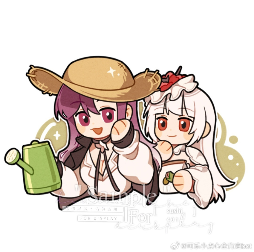 :d artist_request black_coat breasts brown_hat chibi chibi_only chinese_commentary cleavage closed_mouth coat coat_on_shoulders commentary_request commission commissioner_name coquelic_(path_to_nowhere) cropped_torso flower gradient_hair hair_flower hair_ornament hat holding holding_watering_can long_hair long_sleeves looking_at_another medium_breasts multicolored_hair open_mouth path_to_nowhere poppy_(flower) purple_eyes purple_hair red_eyes red_flower sample_watermark second-party_source shalom_(path_to_nowhere) simple_background smile straw_hat watering_can watermark weibo_watermark white_background white_hair