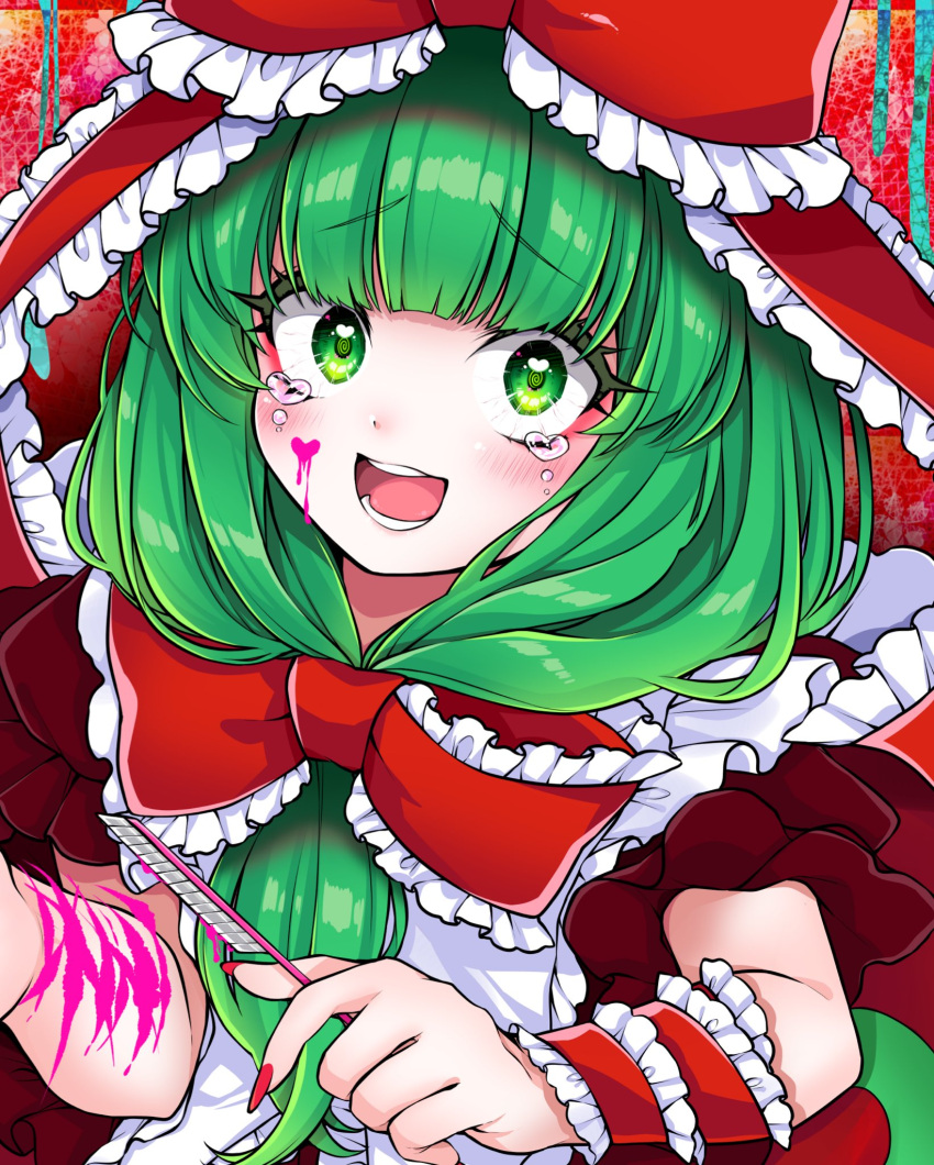 arm_ribbon blood blunt_bangs bow dress evil_smile female frilled_ribbon frills front_ponytail green_eyes green_hair highres kagiyama_hina looking_at_viewer red_bow red_dress red_nails red_ribbon ribbon smile solo tears touhou yoma_(lycoris109)