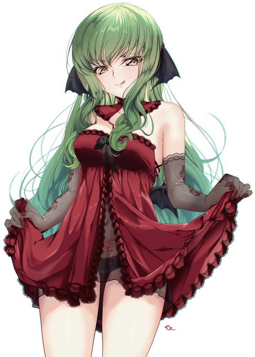 :d absurdres animal_ears babydoll bat_ears bat_wings black_gloves black_panties budgiepon c.c. code_geass detached_collar elbow_gloves feet_out_of_frame female floral_print gloves green_hair highres lace_trim long_hair looking_at_viewer panties pubic_tattoo red_babydoll red_nails revealing_clothes simple_background skirt_hold smile solo tattoo underwear white_background white_gloves wings yellow_eyes