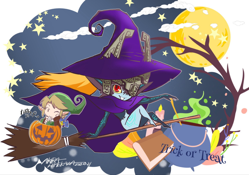 1boy artist_name blonde_hair book candle cape cauldron cloud dated english_text female green_hat halloween hat helmet highres himekawa_akira jack-o'-lantern link looking_at_viewer master_sword midna moon night one_eye_covered pointy_ears pointy_hat purple_cape purple_hat red_eyes red_hair star_(sky) star_(symbol) the_legend_of_zelda the_legend_of_zelda:_twilight_princess tree witch witch_hat