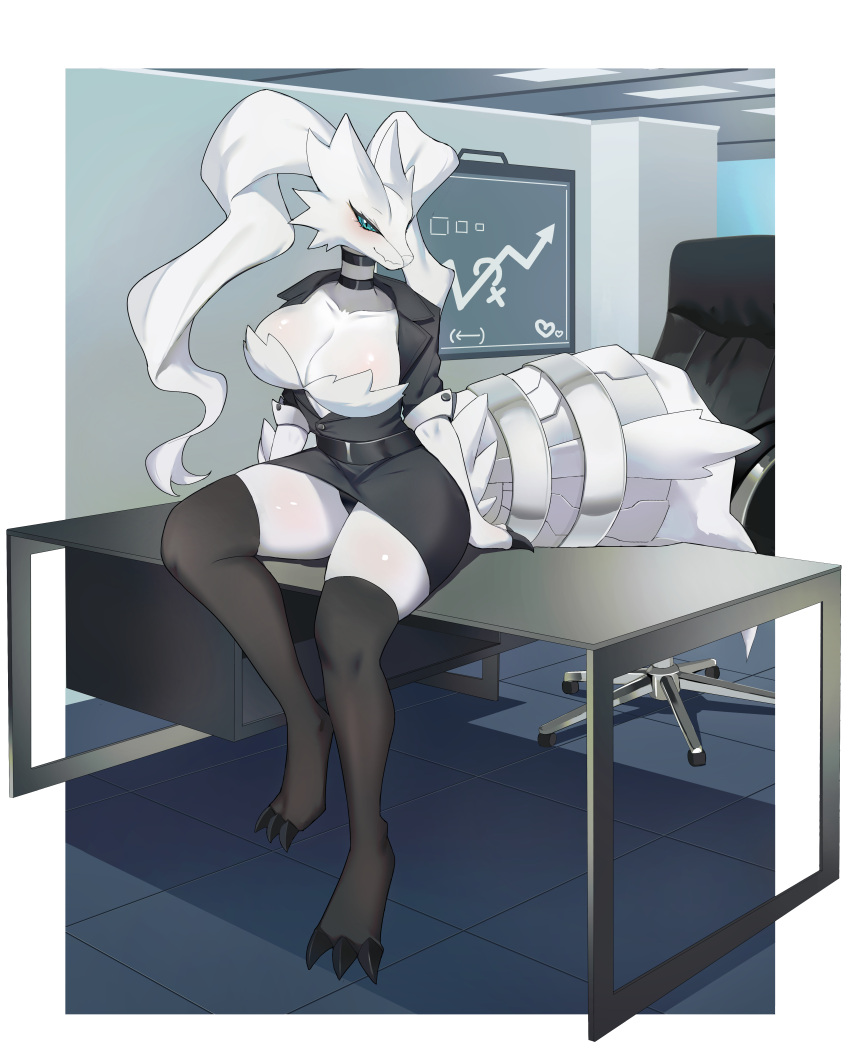 absurdres animal_feet animal_hands aqua_eyes aqua_sclera arms_at_sides arrow_(symbol) belt black_jacket black_panties black_skirt black_thighhighs blush body_fur border breasts buttons chair claws cleavage closed_mouth collarbone colored_sclera commentary desk female formal_clothes full_body furry furry_female graph half-closed_eyes happy heart highres indoors jacket jewelry large_breasts looking_at_viewer miniskirt mockingidplayer neck_ring oerba_yun_fang office office_chair office_lady on_desk outside_border panties pantyshot pencil_skirt personification pokemon pokemon_(creature) reshiram shiny_skin sideways_mouth sitting skin_fang skindentation skirt skirt_suit smile snout solo suit swivel_chair tail tail_ornament tail_ring thick_thighs thighhighs thighs tile_floor tiles underwear upskirt venus_symbol white_border white_fur wide_hips