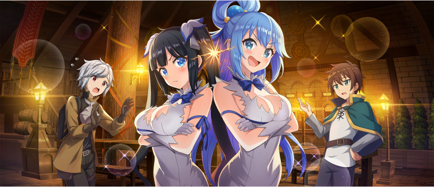 2boys 2girls annoyed aqua_(konosuba) arms_under_breasts back-to-back bell_cranel black_hair blue_eyes blue_hair blue_ribbon blush breasts cleavage cleavage_cutout clothing_cutout cosplay covered_navel crossed_arms crossover dress dungeon_ni_deai_wo_motomeru_no_wa_machigatteiru_darou_ka eye_contact false_smile frown game_cg gloves hair_ornament hair_petal hair_ribbon hestia_(danmachi) hestia_(danmachi)_(cosplay) highres kono_subarashii_sekai_ni_shukufuku_wo! konosuba_fantastic_days large_breasts long_hair looking_at_another matching_outfits multiple_boys multiple_girls open_mouth pencil_dress rei_no_himo ribbon satou_kazuma short_dress single_hair_ring sleeveless sleeveless_dress smile twintails white_dress white_gloves