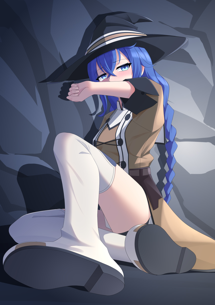 absurdres arendelle averting_eyes black_hat blue_eyes blue_hair blush boots braid breasts brown_robe cave cave_interior covering_own_mouth eyebrows_hidden_by_hair feet female foot_focus full_body hair_between_eyes hat highres looking_at_viewer mushoku_tensei robe roxy_migurdia shadow sitting small_breasts solo thigh_boots twin_braids white_footwear witch_hat