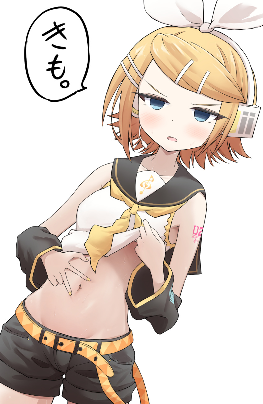 bare_shoulders belt black_shorts black_sleeves blonde_hair blue_eyes blush bow breasts clothes_lift commentary_request cowboy_shot crop_top d: detached_sleeves disdain dutch_angle female groin hair_ornament hairbow hairclip hand_on_own_stomach hands_on_own_stomach headphones highres jitome kagamine_rin kotoma_(kotoma_hack) microphone midriff navel navel_focus neckerchief number_tattoo open_mouth shirt_lift short_hair short_shorts shorts simple_background small_breasts solo spread_navel stomach sweat swept_bangs tattoo translated treble_clef tsurime v-shaped_eyebrows vocaloid white_background white_bow yellow_belt yellow_nails yellow_neckerchief