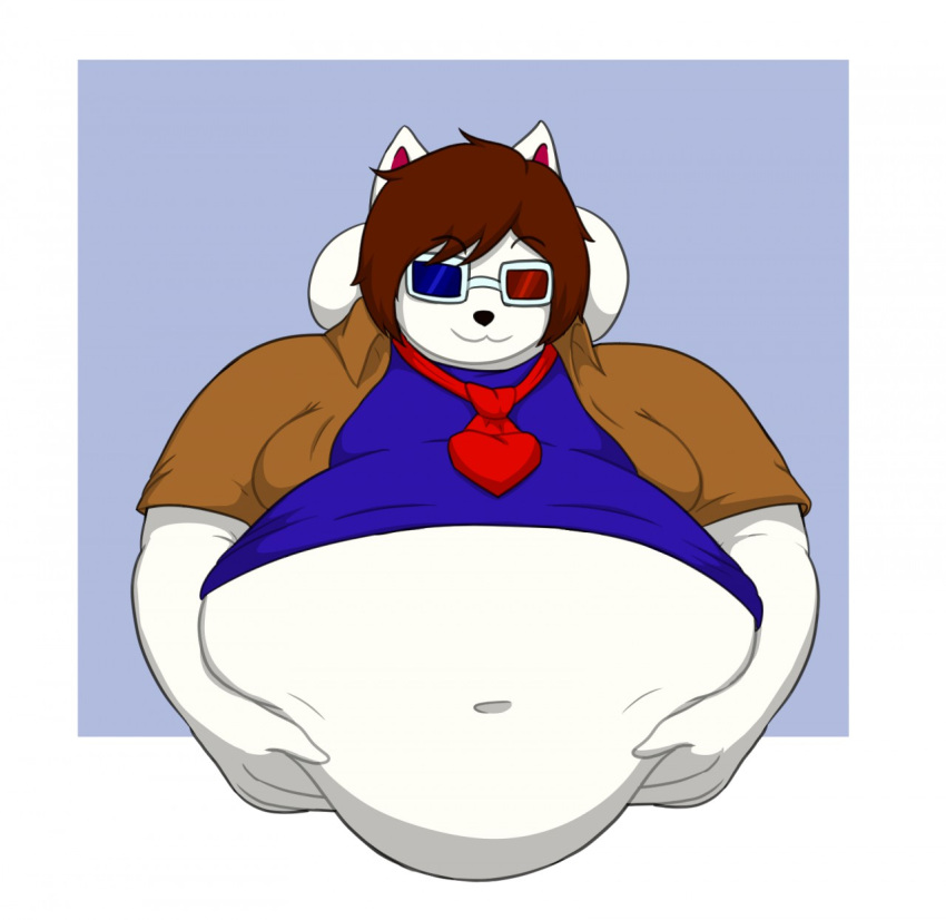 2017 3d_glasses 4_ears 4_fingers anthro belly big_belly blue_clothing blue_shirt blue_topwear brown_dress_shirt brown_hair cake_(left4cake008) canid canine canis clothing colored digital_drawing_(artwork) digital_media_(artwork) domestic_dog dress_shirt english_description eyebrow_through_hair eyebrows eyewear fingers fur glasses hair half-length_portrait hi_res holding_belly male mammal moobs morbidly_obese multi_ear navel necktie obese obese_anthro obese_male open_dress_shirt overweight overweight_anthro overweight_male portrait red_inner_ear red_necktie shaded shirt simple_background simple_shading solo theannoyingnpc thin_eyebrows topwear translucent translucent_hair white_body white_fur