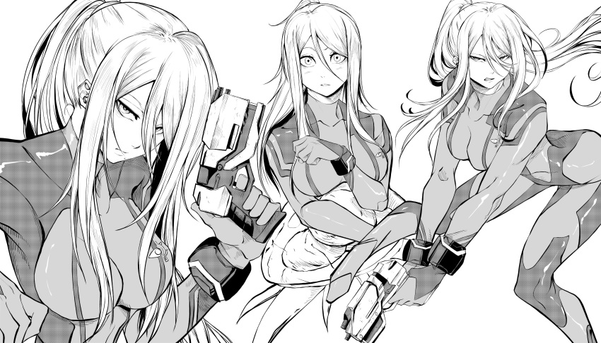 absurdres bodysuit breasts energy_gun english_commentary female greyscale gun hair_between_eyes highres holding holding_gun holding_weapon jesse_schickler long_hair looking_at_viewer metroid metroid_(creature) monochrome multiple_views parted_lips ponytail ray_gun samus_aran weapon zero_suit