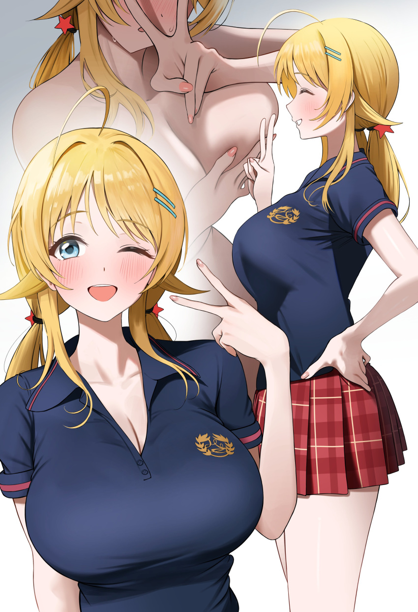 absurdres ahoge blonde_hair blue_eyes blush breasts cleavage collarbone cowboy_shot female fingernails from_side hachimiya_meguru hair_flaps hair_ornament hairpin hands_on_own_breasts hashtag-only_commentary head_out_of_frame highres idolmaster idolmaster_shiny_colors large_breasts multiple_views nail_polish nude one_eye_closed pdal_(pdalhhh) plaid_clothes plaid_skirt pleated_skirt school_uniform shirt sidelocks skirt smile solo_focus t-shirt thighs v