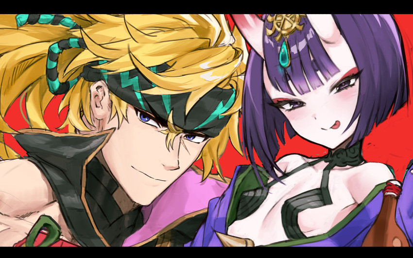 1boy :p absurdres blonde_hair blush breasts close-up fate/grand_order fate_(series) female headband headpiece highres horns huge_weapon japanese_clothes kimono looking_at_viewer medium_hair oni over_shoulder purple_hair purple_kimono sakata_kintoki_(fate) sakata_kintoki_(heian_warrior_attire)_(fate) sake_onicure short_hair shuten_douji_(fate) skin-covered_horns small_breasts smile sword sword_over_shoulder tongue tongue_out upper_body weapon weapon_over_shoulder