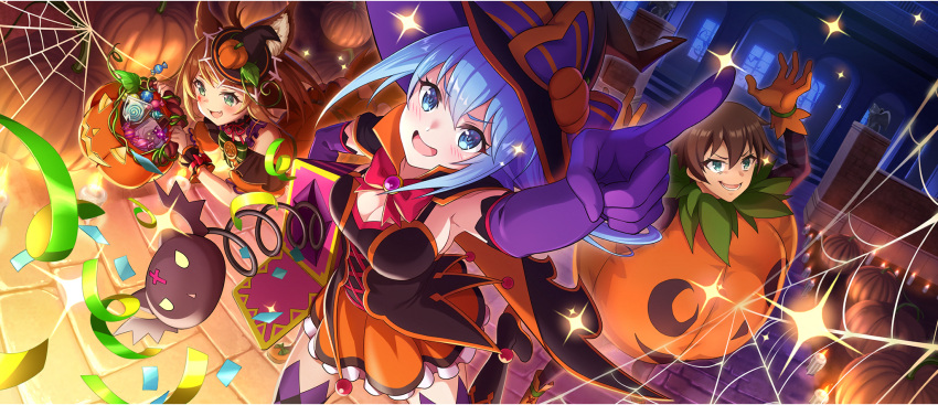 1boy 2girls aqua_(konosuba) black_footwear blue_eyes blue_hair boots bow breasts cape cleavage dress elbow_gloves evil_smile facing_up frilled_skirt frills game_cg gloves halloween halloween_bucket halloween_costume hat highres kono_subarashii_sekai_ni_shukufuku_wo! konosuba_fantastic_days large_breasts long_hair looking_at_viewer looking_up miia_(konosuba) multicolored_cape multicolored_clothes multicolored_dress multiple_girls official_alternate_costume open_mouth pointing pointing_up pumpkin_costume purple_gloves purple_thighhighs red_bow satou_kazuma silk skirt smile spider_web thighhighs witch_hat