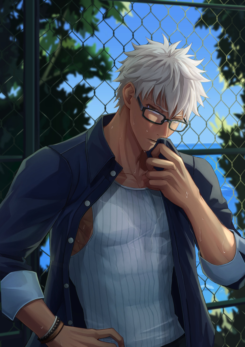 1boy absurdres archer_(fate) archer_(summer_casual)_(fate) bara bracelet brown_eyes dark-skinned_male dark_skin fate/grand_order fate_(series) glasses highres jewelry looking_at_viewer male_focus muscular muscular_male official_alternate_costume open_clothes ryuei_tachibana short_hair solo sweat upper_body white_hair