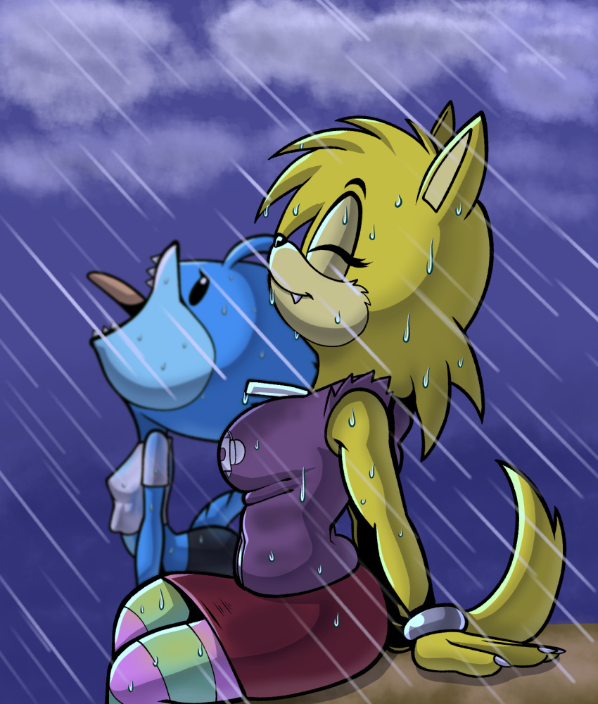 anthro beady_eyes blue_body bottomwear boy_shorts closed_eyes clothing duo ellie_the_wolf fan_character female fours_(artist) happy hi_res humor legwear meme open_mouth raining sega sitting skirt skitter_the_gecko sleeveless_hoodie small_shirt sonic_the_hedgehog_(series) thigh_highs underwear wet wet_body wet_clothing yellow_body