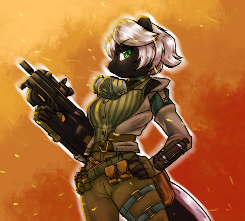 accessory anthro belt clothing female fur garter gas_mask gndthr323 gun hair hi_res jacket mammal marquez_(wild_assault) mask mephitid military_clothing ranged_weapon skunk solo striped_body striped_fur stripes submachine_gun tail topwear weapon white_hair wild_assault