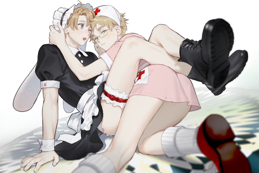 2boys america_(hetalia) ankle_socks axis_powers_hetalia bespectacled black_dress black_footwear blonde_hair boots crossdressing dress frilled_garter glasses green_eyes hand_on_another's_head hat highres huacai leg_lock loafers looking_at_viewer maid male_focus male_maid multiple_boys nurse nurse_cap one_eye_closed panties panty_peek pink_dress puffy_sleeves shoes socks thick_eyebrows underwear united_kingdom_(hetalia) unworn_eyewear