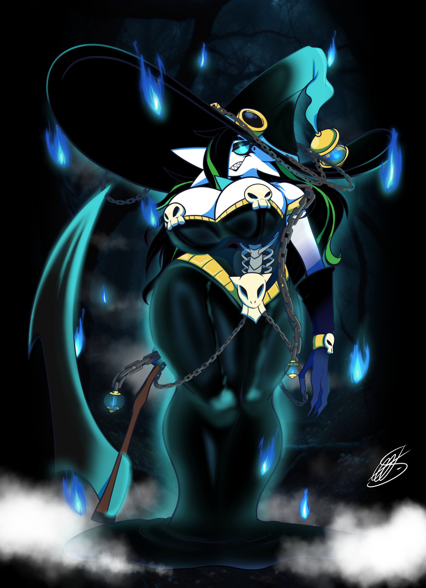 absurd_res anthro bellisme_(shieradevil) big_breasts black_hair blue_eyes breasts chains clothed clothing curvy_female curvy_figure digital_media_(artwork) fan_character female gardevoir generation_3_pokemon green_hair hair hat headgear headwear hi_res huge_breasts humanoid looking_at_viewer melee_weapon nintendo not_furry pokemon pokemon_(species) polearm scythe shaded shieradevil smile solo solo_focus thick_thighs weapon wide_hips witch_hat