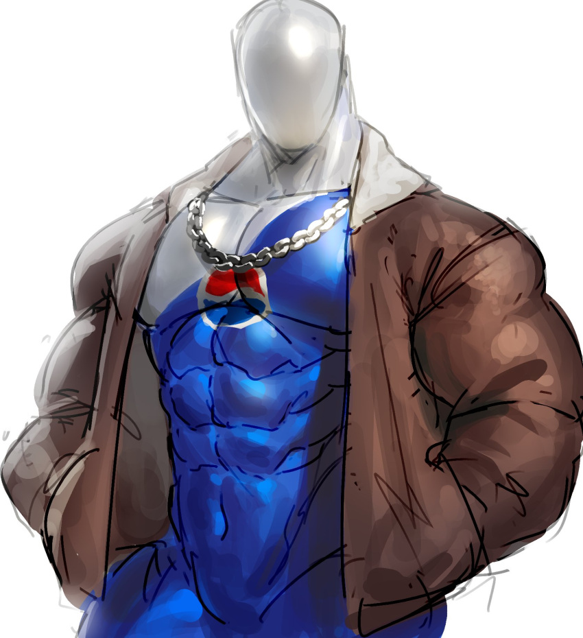 1boy bara blue_bodysuit bodysuit brown_jacket chain_necklace chains covered_collarbone covered_navel english_commentary grey_mask hands_in_pockets highres jacket jewelry male_focus muscular muscular_male necklace papyuuno pepsiman pepsiman_(game) simple_background skin_tight solo white_background