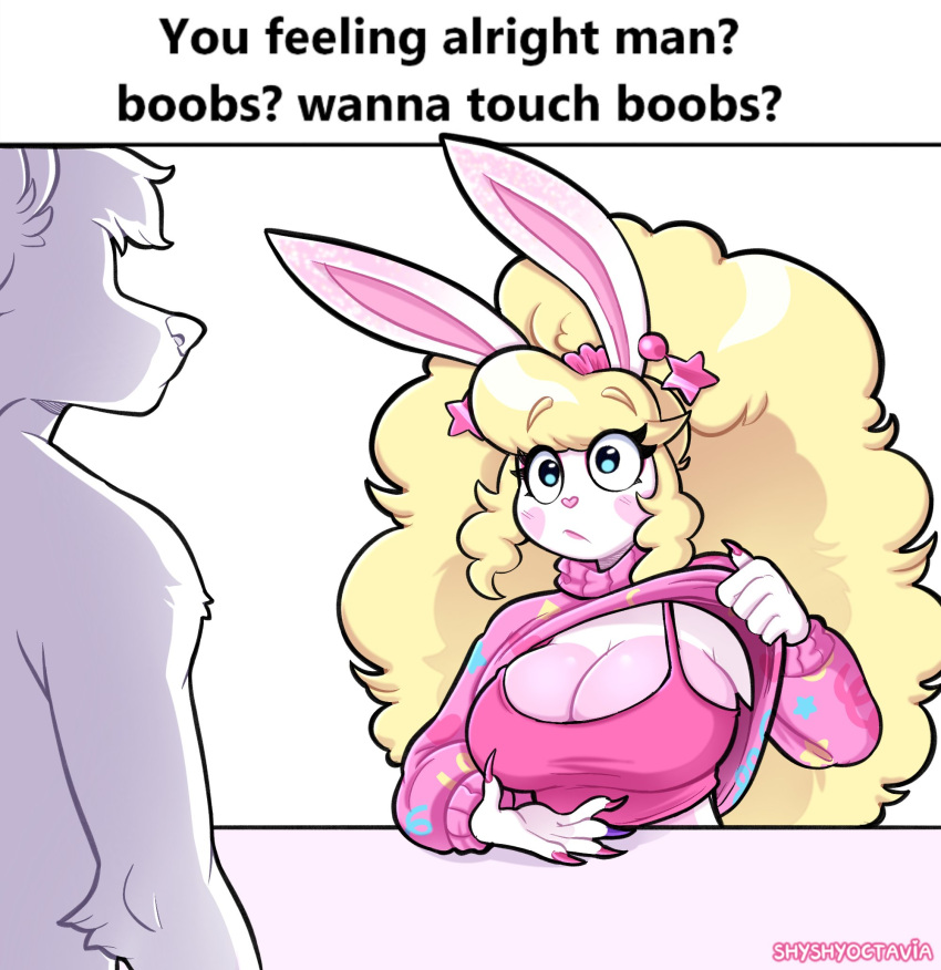 1boy animal_nose big_hair blonde_hair blue_eyes breasts camisole cleavage clothes_lift commentary cupcake_(shy_shy_octavia) english_commentary english_text female flashing furry furry_female furry_male heart_cheeks highres large_breasts lifting_own_clothes original pink_camisole pink_sweater presenting_breasts rabbit_girl rabbit_tail shy_shy_octavia solo_focus sweater sweater_lift tail turtleneck turtleneck_sweater wolf_boy