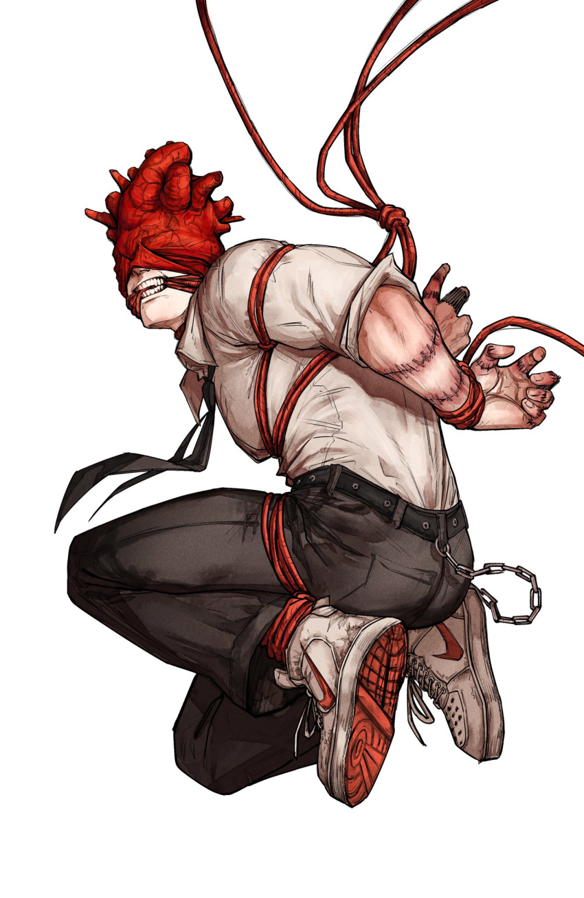 1boy belt belt_chain black_belt black_necktie black_pants bound bound_ankles bound_wrists clenched_teeth collared_shirt commentary dorohedoro english_commentary gagged heart_(organ) highres knee_up kneeling male_focus mask multiple_scars necktie nike_(company) obscured_eyes pants pedro_renji red_rope rope scar scar_on_arm shin_(dorohedoro) shirt shoes short_sleeves simple_background sneakers solo teeth tied_up_(nonsexual) white_background white_footwear white_shirt wing_collar