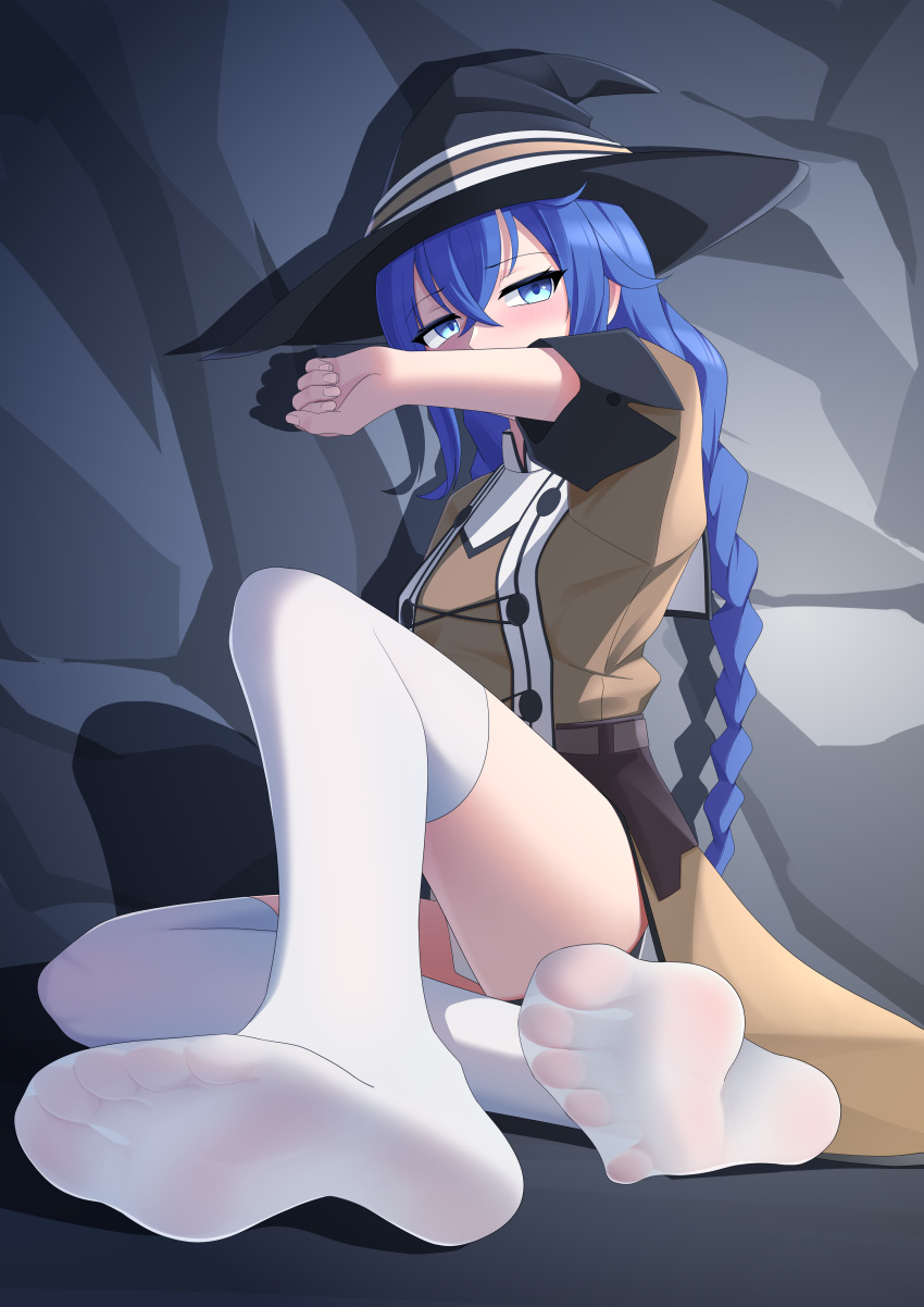 absurdres arendelle averting_eyes black_hat blue_eyes blue_hair blush braid breasts brown_robe cave cave_interior covering_own_mouth eyebrows_hidden_by_hair feet female foot_focus full_body hair_between_eyes hat highres looking_at_viewer mushoku_tensei robe roxy_migurdia shadow sitting small_breasts soles solo thighhighs toes twin_braids white_thighhighs witch_hat