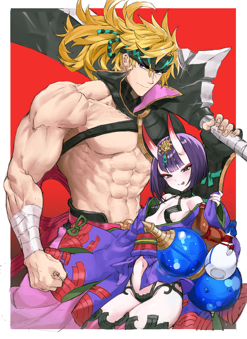 1boy :p abs absurdres blonde_hair blush breasts fate/grand_order fate_(series) female gourd headband headpiece highres horns huge_weapon japanese_clothes kimono looking_at_viewer medium_hair muscular muscular_male navel oni over_shoulder pectorals purple_hair purple_kimono sakata_kintoki_(fate) sakata_kintoki_(heian_warrior_attire)_(fate) sake_onicure short_hair shuten_douji_(fate) skin-covered_horns small_breasts smile sword sword_over_shoulder tongue tongue_out topless_male weapon weapon_over_shoulder