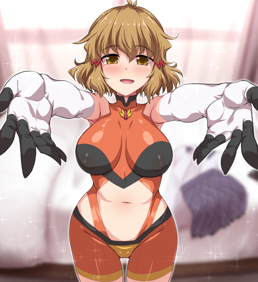 armpits bed blurry blurry_background blush breasts brown_eyes brown_hair covered_nipples depth_of_field elbow_gloves female gloves groin highres incoming_hug large_breasts outstretched_arms school_uniform senki_zesshou_symphogear short_hair skin_tight skirt solo sparkle tachibana_hibiki_(symphogear) undersuit unworn_shirt unworn_skirt variant_set yoshi_tama