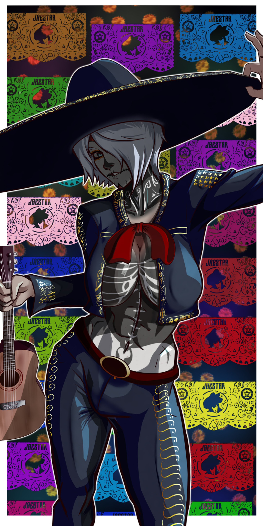 absurdres acoustic_guitar angel_(kof) blue_eyes breasts charro dia_de_muertos female guitar hair_over_one_eye hat highres instrument jacket jaestarj large_breasts looking_at_viewer mariachi mexican_clothes mexican_dress mexico midriff naked_jacket navel no_bra papel_picado short_hair skeleton smile snk solo sombrero the_king_of_fighters toned toned_female white_hair