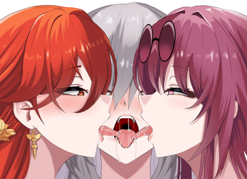 3girls absurdres blush commission earrings eomo_(pyum3252) eyewear_on_head fff_threesome french_kiss grey_hair group_kiss group_sex hair_between_eyes hair_ornament highres himeko_(honkai:_star_rail) honkai:_star_rail honkai_(series) jewelry kafka_(honkai:_star_rail) kissing long_hair mihoyo multiple_girls open_mouth purple_eyes purple_hair red_hair saliva stelle_(honkai:_star_rail) sunglasses threesome tongue tongue_out trailblazer_(honkai:_star_rail) yellow_eyes yuri