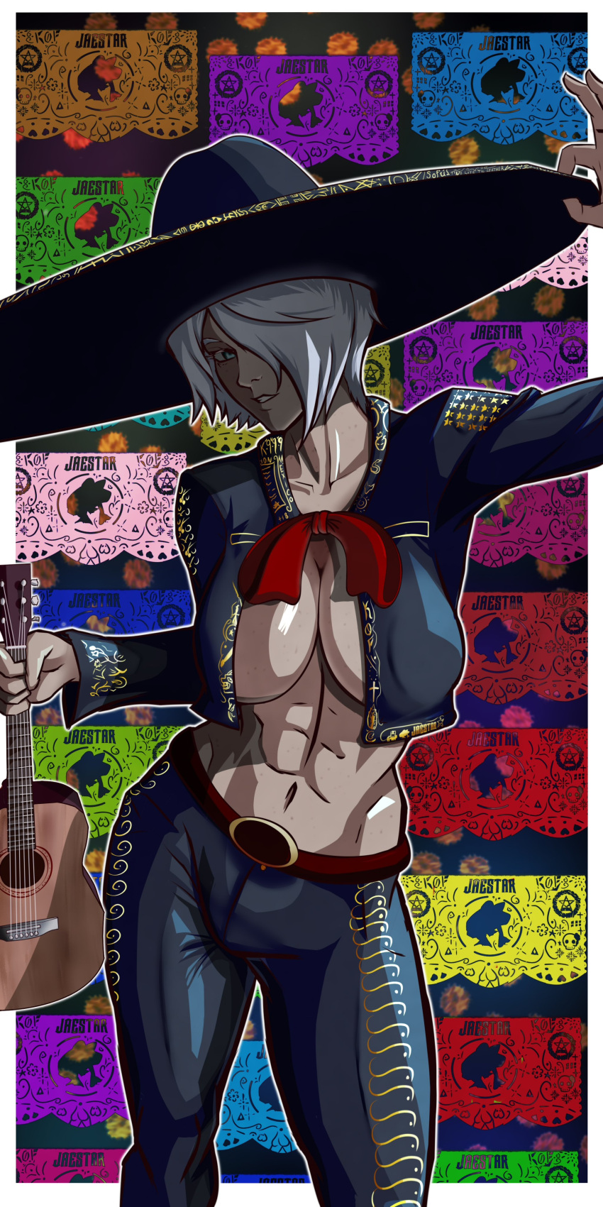 absurdres acoustic_guitar angel_(kof) blue_eyes breasts charro dia_de_muertos female guitar hair_over_one_eye hat highres instrument jacket jaestarj large_breasts looking_at_viewer mariachi mexican_clothes mexican_dress mexico midriff naked_jacket navel no_bra papel_picado short_hair smile snk solo sombrero the_king_of_fighters toned toned_female white_hair