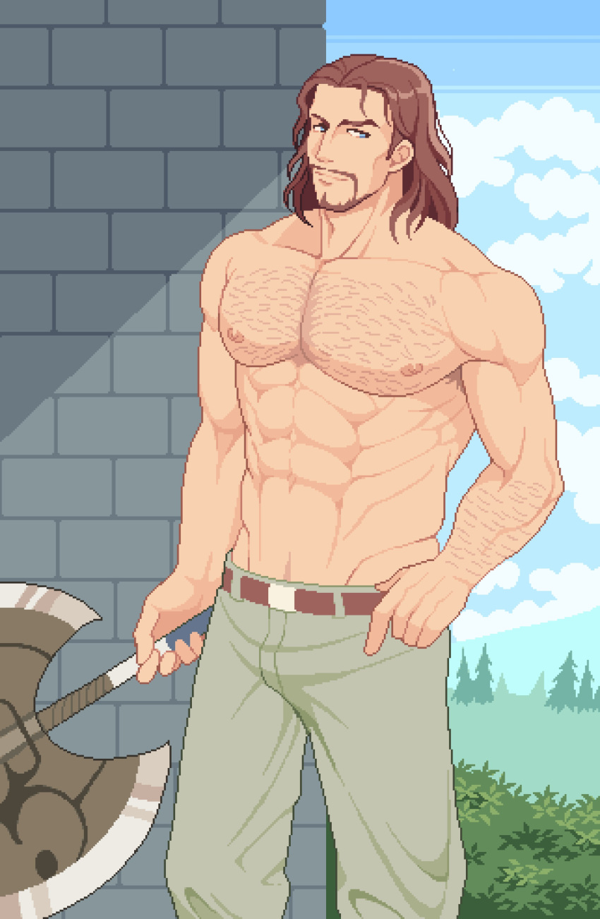 1boy abs absurdres arm_hair axe bara battle_axe beard belt blue_eyes brown_hair catnipsmoker_(hakino) chest_hair commentary cowboy_shot day dithering double-sided_axe english_commentary facial_hair fire_emblem fire_emblem:_radiant_dawn foliage highres holding holding_axe holding_weapon large_pectorals male_focus mature_male medium_hair muscular muscular_male nipples nolan_(fire_emblem) pants pectorals pixel_art sky solo topless_male weapon