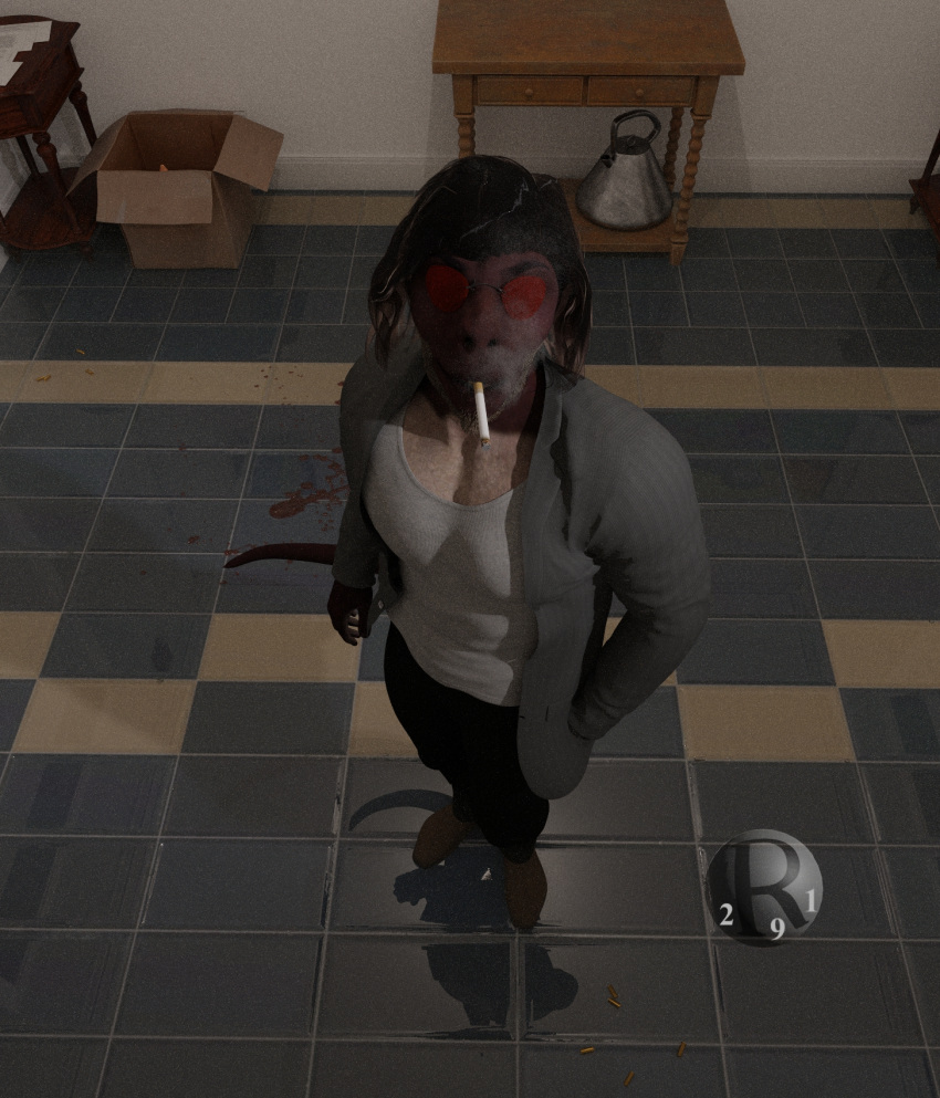 3d_(artwork) anthro athletic blood bodily_fluids camera chuckwalla cigarette clothing daz_studio_(artwork) detective digital_media_(artwork) eyewear fisheyes gp_holden hair hero hi_res iguanid inside jacket lizard male perturbedmania portrait reptile scalie smoking solo solo_focus sunglasses tile topwear