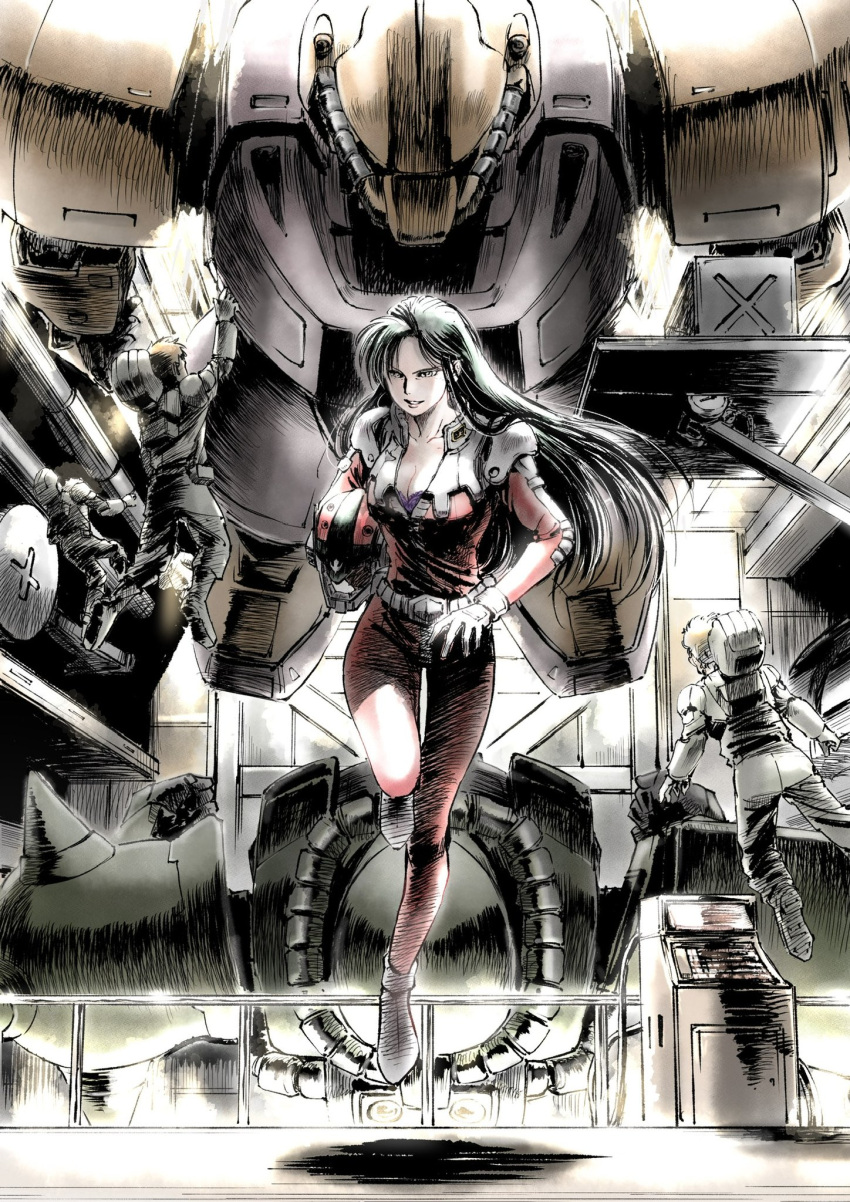 1990s_(style) 3boys ankle_boots belt bodysuit boots bra bra_peek breasts cima_garahau cleavage commentary_request female floating_hair gelgoog_marine_cima_custom gloves green_eyes green_hair grin gundam gundam_0083 hangar hatching_(texture) helmet highres holding holding_helmet kaeru_no_papa linear_hatching long_hair mecha mecha_pilot_suit medium_breasts mobile_suit multiple_boys normal_suit pilot_helmet purple_bra red_bodysuit retro_artstyle robot scan science_fiction shadow shoulder_spikes skin_tight smile solo_focus space_helmet spacecraft_interior spacesuit spikes underwear unworn_headwear unworn_helmet very_long_hair white_belt white_footwear white_gloves zaku_ii zeon zero_gravity