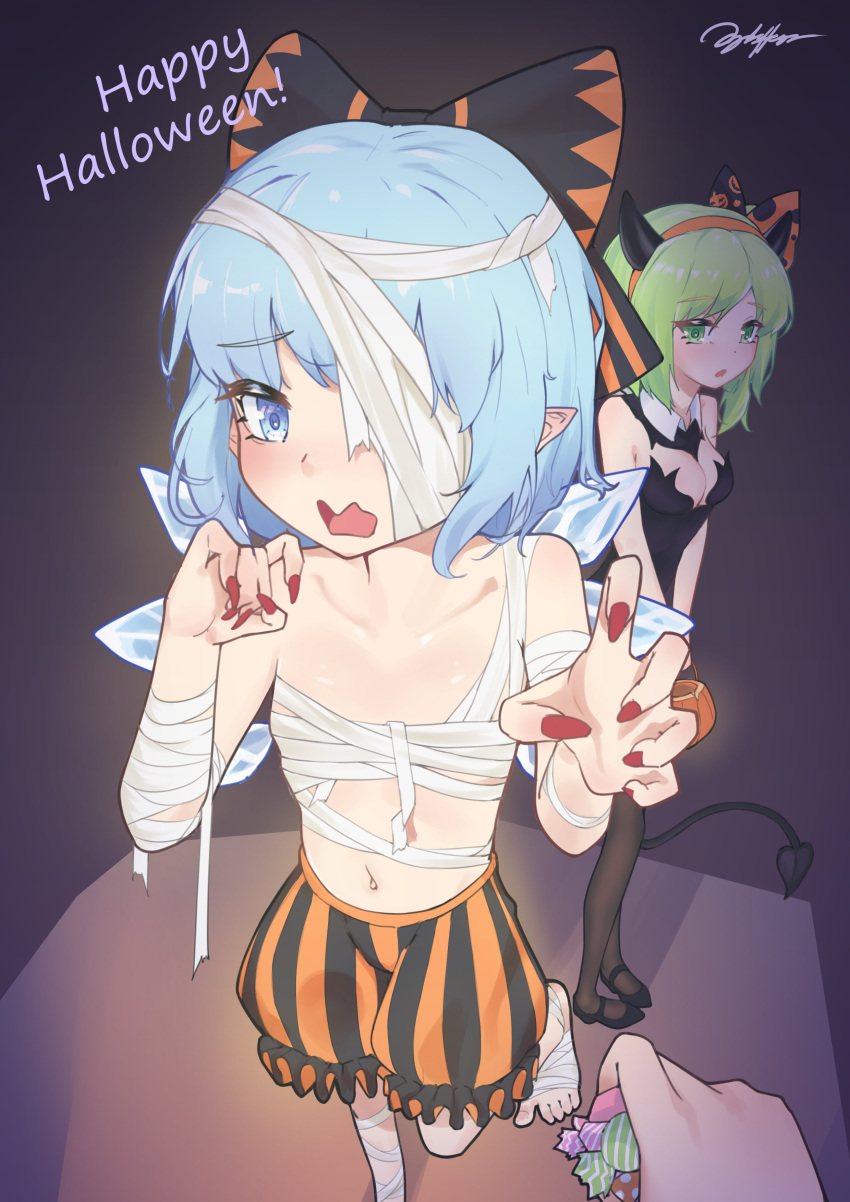 2girls absurdres barefoot black_bloomers black_bow black_leotard bloomers blue_eyes blue_hair bow chest_sarashi cirno claw_pose daiyousei fingernails flat_chest hairbow happy_halloween highres leotard littiecy long_fingernails multiple_girls navel orange_bloomers sarashi touhou