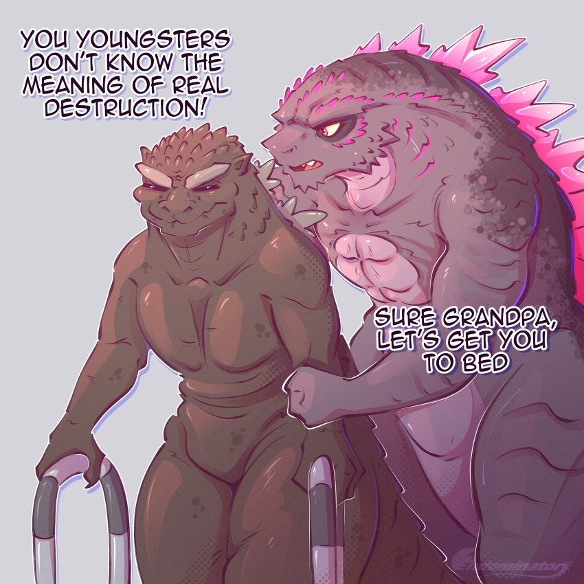 2024 absurd_res age_difference anthro claws dialogue duo elderly elderly_anthro elderly_male endominator english_text eyebrows featureless_crotch godzilla godzilla_(series) grandchild_(lore) grandfather_(lore) grandfather_and_grandchild_(lore) grandfather_and_grandson_(lore) grandparent_(lore) grandparent_and_grandchild_(lore) grandson_(lore) grey_background hi_res humor kaiju male meme monster muscular muscular_anthro muscular_male nude open_mouth reptile scales scalie simple_background square_crossover text thick_thighs toho walker walking watermark