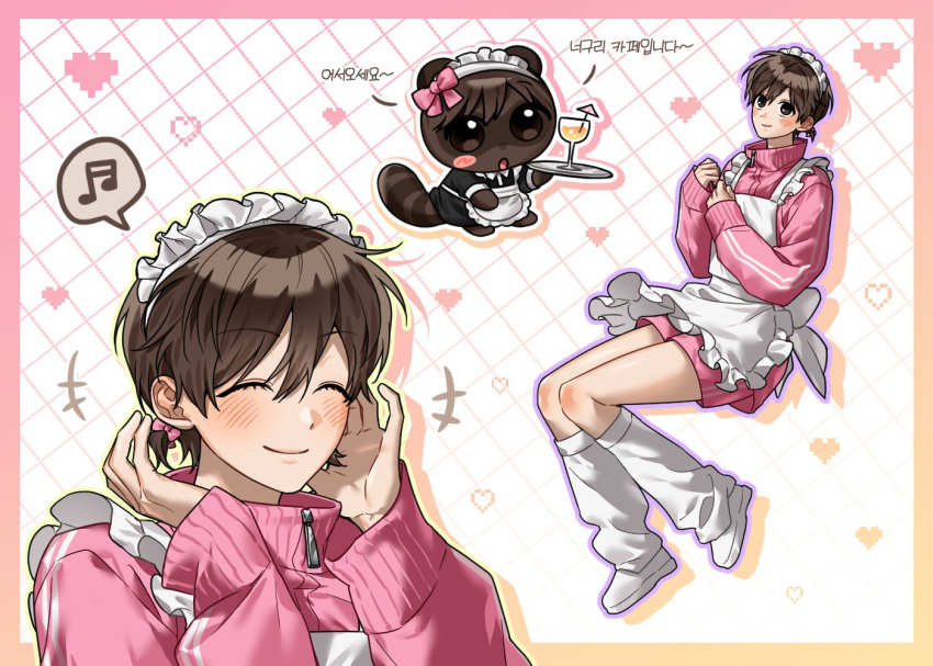 17_00 animal animalization apron argyle_background brown_eyes brown_hair commentary_request female fujioka_haruhi jacket korean_commentary korean_text leg_warmers looking_at_viewer maid maid_apron maid_headdress multiple_views ouran_high_school_host_club pink_jacket raccoon short_hair shorts sleeves_past_wrists smile translation_request white_apron