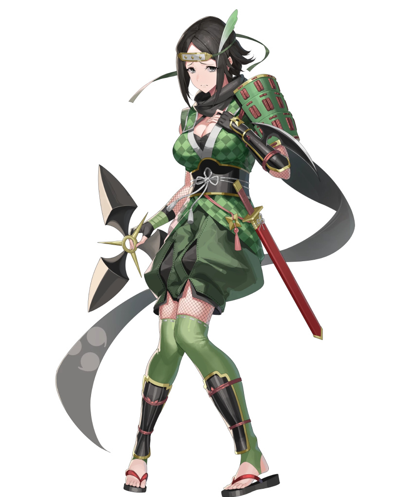 black_eyes black_gloves black_hair breasts feather_hair_ornament feathers female fingerless_gloves fire_emblem fire_emblem_awakening fire_emblem_heroes fishnet_pantyhose fishnet_sleeves fishnets frown furrowed_brow gloves green_thighhighs hair_ornament headband highres holding holding_shuriken holding_weapon japanese_clothes looking_at_viewer medium_breasts ninja noire_(fire_emblem) noire_(ninja)_(fire_emblem) non-web_source official_alternate_costume official_art pantyhose parted_hair sandals shin_guards short_hair shuriken single_bare_shoulder solo tachi-e thighhighs weapon