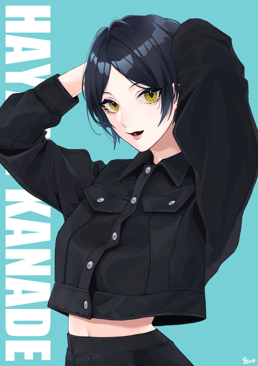 absurdres arms_behind_head arms_up black_hair black_jacket blue_background blue_hair breasts character_name deviii_lsd female hayami_kanade highres idolmaster idolmaster_cinderella_girls idolmaster_cinderella_girls_starlight_stage jacket long_sleeves looking_at_viewer medium_breasts midriff_peek navel open_mouth parted_bangs short_hair signature simple_background smile solo upper_body yellow_eyes