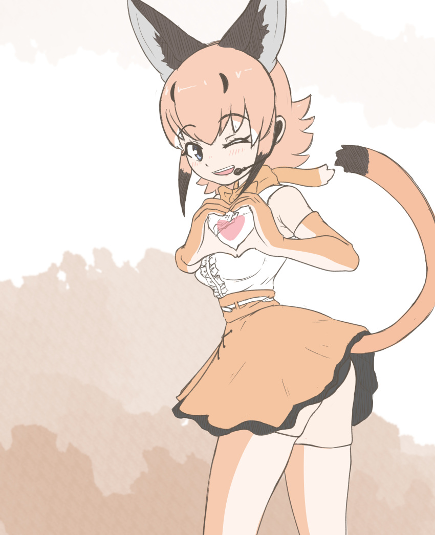 absurdres animal_ears belt blue_eyes bow bowtie caracal_(kemono_friends) cat_ears cat_girl cat_tail elbow_gloves extra_ears female finger_heart gloves highres kemono_friends kemono_friends_v_project long_hair looking_at_viewer microphone nokemono-san_(bocchi_friend) one_eye_closed orange_hair shirt simple_background skirt sleeveless sleeveless_shirt solo tail thighhighs virtual_youtuber