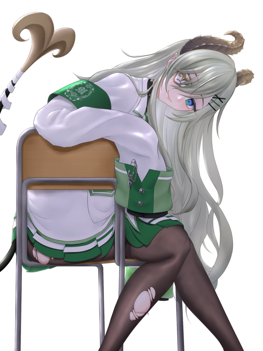 blue_eyes bobby_pin brown_hair brown_pantyhose chair closed_mouth coat demon_girl demon_horns demon_tail eyepatch feet_out_of_frame female grey_hair hair_ornament hairclip highres horns leaning_forward long_hair looking_at_viewer matuidi_matsu1 nanashi_inc. pantyhose pointy_ears sekishiro_mico simple_background sitting sitting_sideways sleeves_past_fingers sleeves_past_wrists smile solo tail torn_clothes torn_pantyhose very_long_hair virtual_youtuber white_background white_coat x_hair_ornament