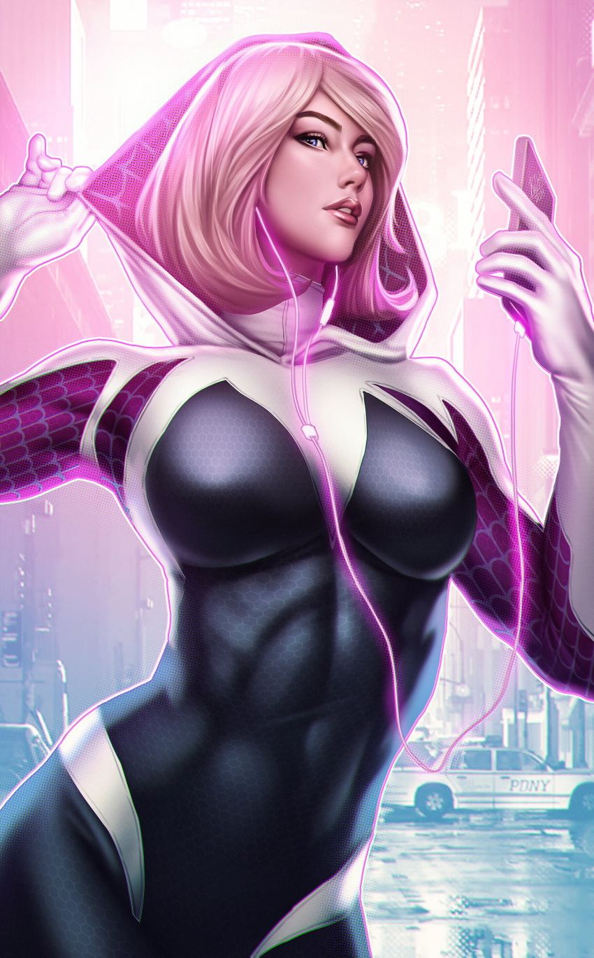 absurdres black_bodysuit blonde_hair blue_eyes bodysuit building car cellphone city female gwen_stacy highres holding holding_phone hood hooded_bodysuit kodiart96 marvel medium_hair motor_vehicle multicolored_bodysuit multicolored_clothes outdoors phone pink_bodysuit skyscraper smartphone solo spider-gwen spider-man:_across_the_spider-verse spider-man_(series) spider-verse superhero_costume white_bodysuit