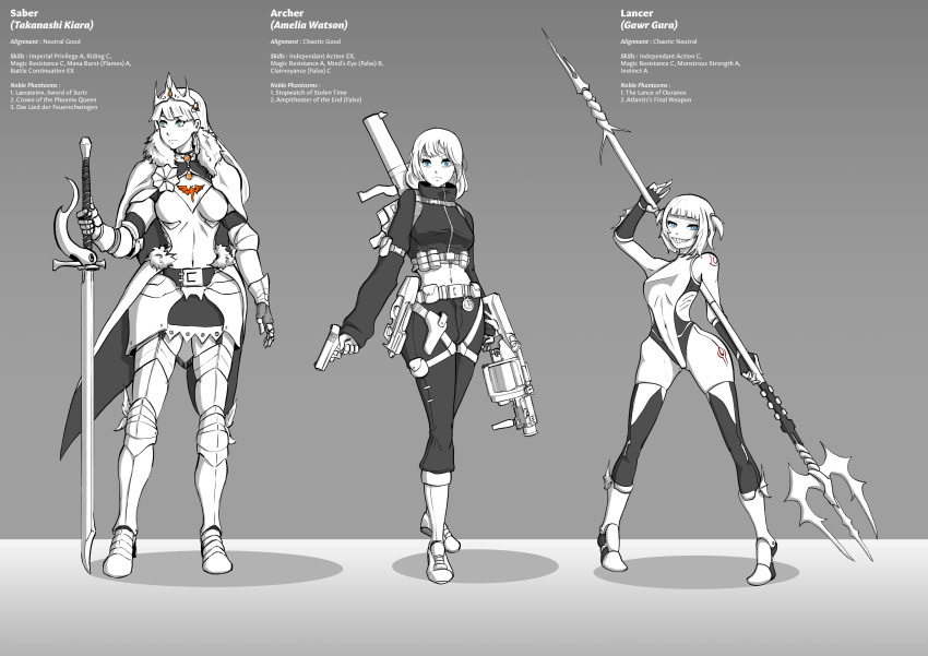 3girls absurdres armor blue_eyes breastplate cape emblem english_text fate_(series) feaurievladskov fur_trim gauntlets gawr_gura gills grenade_launcher gun handgun highres holding holding_sword holding_weapon hololive hololive_english knight leotard midriff multiple_girls pauldrons plate_armor polearm shoulder_armor sword takanashi_kiara tattoo trident watson_amelia weapon