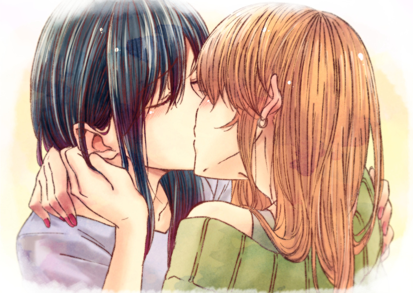 2girls aihara_mei aihara_yuzu bad_id bad_pixiv_id black_hair blonde_hair blush citrus_(saburouta) closed_eyes couple ear_blush earrings french_kiss glidesloe highres jewelry kissing long_hair looking_at_another multiple_girls shirt siblings simple_background sisters step-siblings step-sisters wife_and_wife yuri