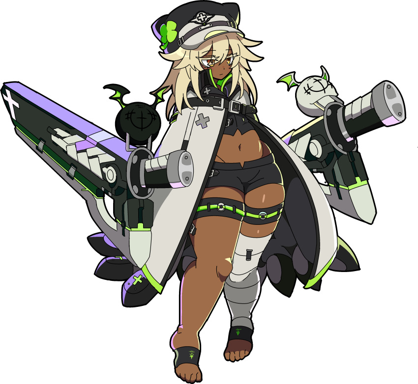 absurdres alternate_color bandaged_leg bandages black_hat black_shorts blonde_hair cape clover colored_eyelashes dark-skinned_female dark_skin expressionless feet female floating floating_object floating_sword floating_weapon four-leaf_clover guilty_gear guilty_gear_strive hat highres kekeken midriff navel orange_eyes ramlethal_valentine short_hair shorts solo stomach sword thick_thighs thigh_strap thighs weapon white_background white_cape